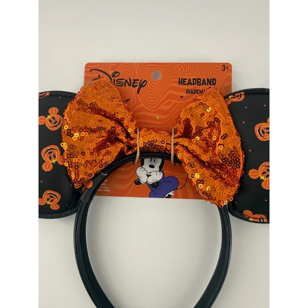 Disney Minnie Mouse Halloween Headband Orange Sequin Bow Mickey Pumpkin Ears